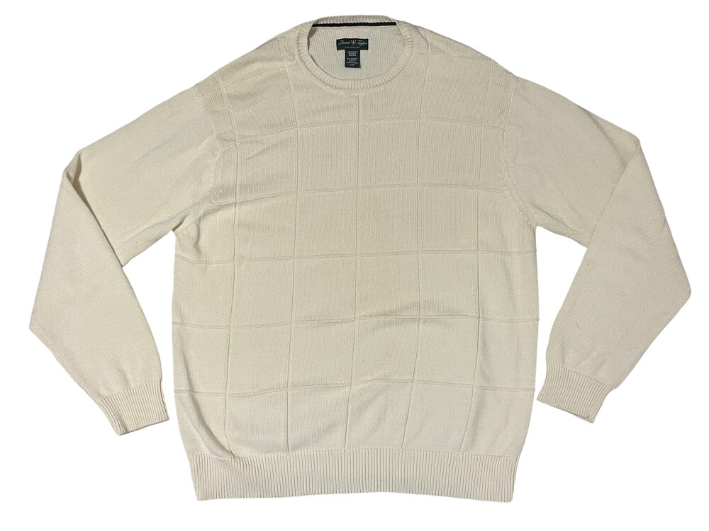 David Taylor Sweater Mens XL White Cotton Grid Knit Crewneck Pullover Ribbed